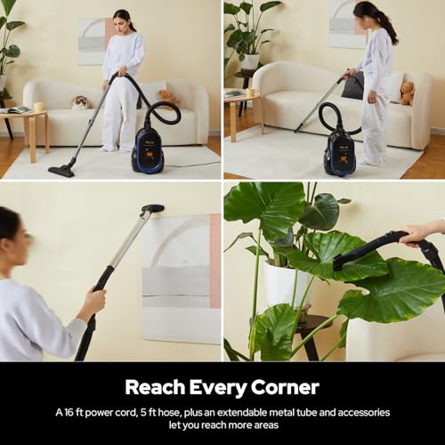 Image of Aircliff Piwosa Canister Vacuum Cleaner, 17KPA Suction Vac for Carpets /Hard Floors, Lightweight Bagless Canister Vacuum with HEPA, 2 Motor System, and 3 Cleaning Tools (Black)