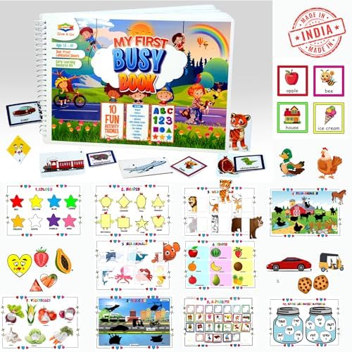 OMNY, My First Busy Book,Kids Activity Play Book for 2 to 4 years old, 30 Interactive Activity Binder for Early Learning, Montessori Book with hook and loop, 98 Cut-outs with cornered edges,Splash and Tear proof, Spiral Binding,Preschool sticker book for toddler activities