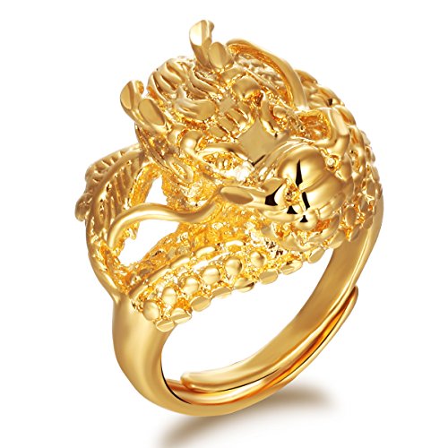LOHOME Fashionable Stainless Steel 18K Gold Tone Chinese Dragon Charm Ring for Men Adjustable