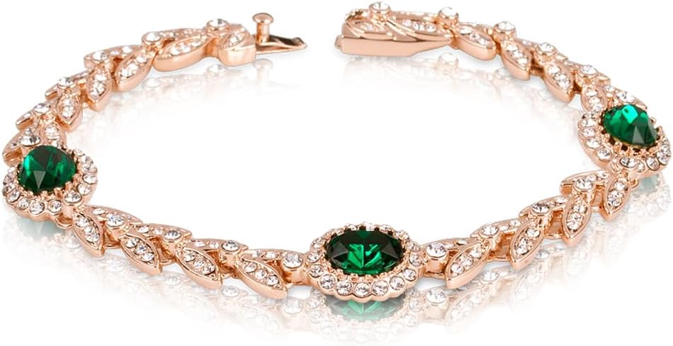 FAIRY COUPLE Emerald Green Crystal Bracelet for Women, 7.28" Rose Gold Leaf Design Tennis Bracelet with Sparkling Cubic Zirconia, Elegant Vintage Jewelry Wedding Prom B35