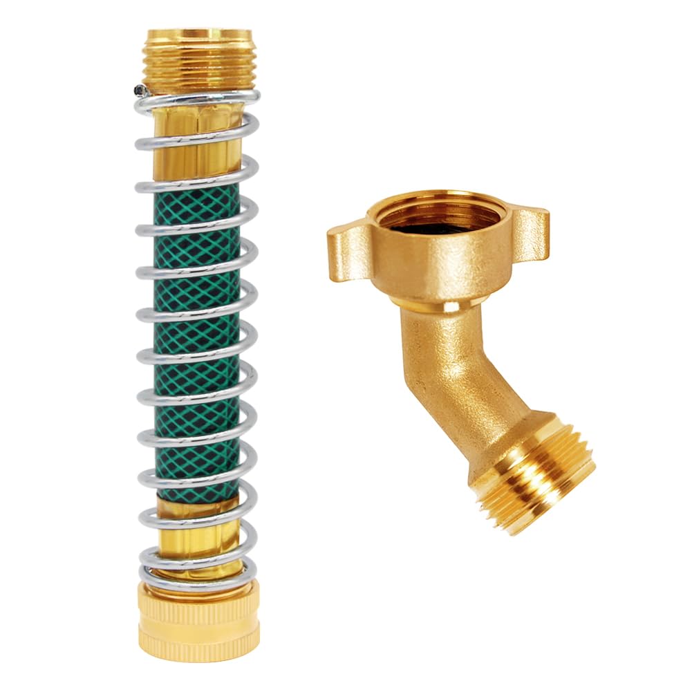 Uenede Brass 3/4" GHT Thread 5.5 Inches Length Garden Hose Extension Protector and 45° Elbow Swivel Garden Hose Connector Adapter Kit