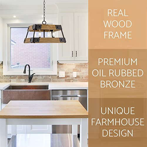 Kira Home Griffin 16" 4-Light Farmhouse Pendant Light + Wood Panel Frame, Oil Rubbed Bronze + Russet Oak Style Finish #TOP2