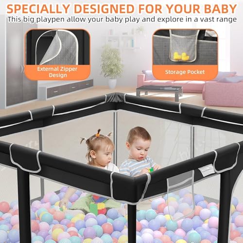 Image of ShivAnanta Baby Playpen for Home Indoor Kids Safety Play Fence with 30 Balls Mesh Play Area for 2+ Toddler Activity Zone Portable Baby Play Yard Anti Slip Child Play Space for Crawling Babies Secure Enclosure (Black)