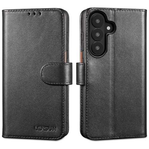 LENSUN Echtleder Hülle für Samsung Galaxy S26, Handyhülle [Echtes Leder][Kartenfach][RFID Schutz Brieftasche] Lederhülle Flip Handytasche für Samsung Galaxy S26 - Schwarz