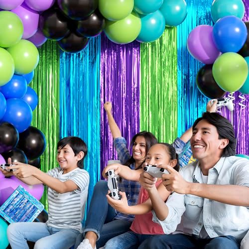 Image of Video Game Balloon Arch Garland Kit Birthday Party Decorations, Purple Blue Green Foil Fringe Curtains Backdrop Tinsel Streamer Photo Booth Props for Gaming Theme Party Decor Supplies Favors