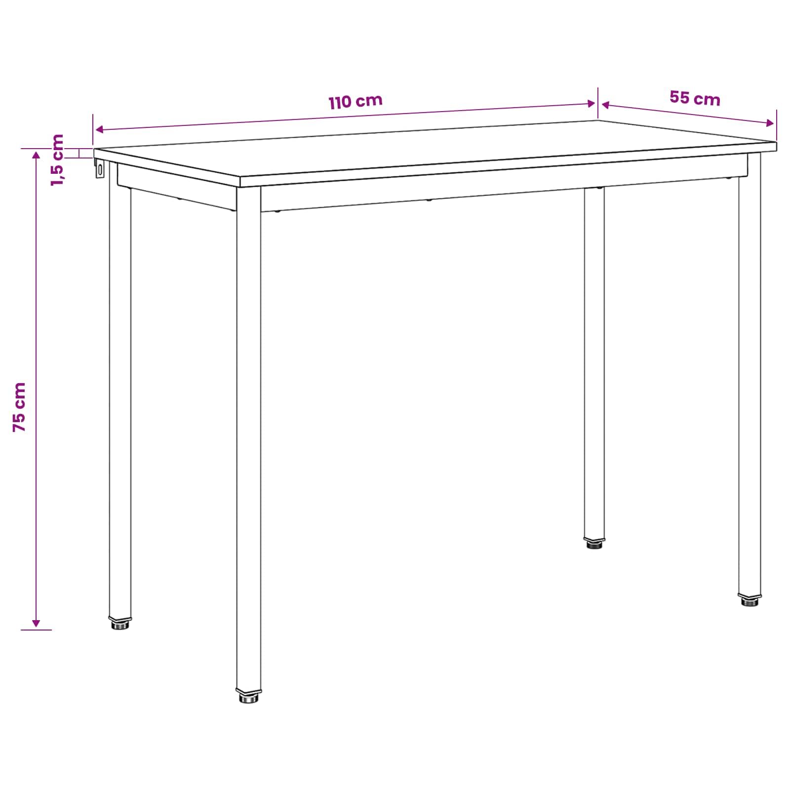 Table à manger 110 x 55 x 75 cm, cadre en métal noir, angle droit, table à manger stable pour cuisine, salle à manger, salon, design minimaliste, nettoyage facile