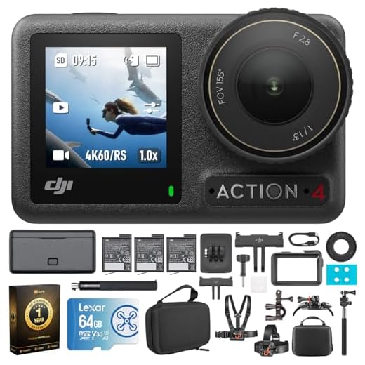 DJI Osmo Action 4 Adventure Combo - 4K Waterproof Action Camera with Battery Case Bundle with Lexar 64GB Memory Card, Protective Case, Outdoor Kit and 1 YR CPS Enhanced Protection Pack