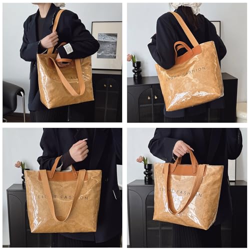 Image of PVC Clear Tote Bag for Women, Large Plastic Tote Beach Bag, Kraft Paper Hobo Handbag Purse with Top Handle