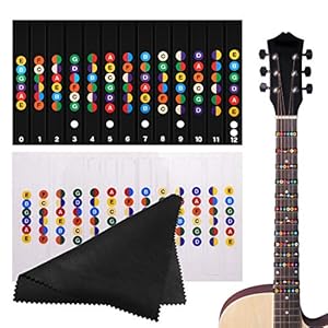 Gitaar Fretboard Stickers Set, Kleur Gecodeerde Note Vinyl Decals voor Gitaar Leren, Toets Frets Kaart voor Beginner Leerling Praktijk Fit 6 Snaren Akoestische Elektrische Gitaar, Kleur en Transparant