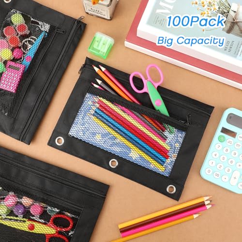 Image of Zhehao 200 Pcs Pencil Pouches for 3 Ring Binder, Bulk Zipper Pencil Pouch Pen Case with Mesh Window Cloth Double Pocket 3 Hole Bag for Storing School Office Supplies (Classic)