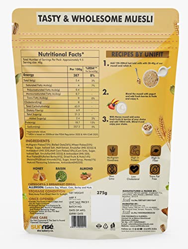 Image of UNIFIT Muesli with Honey, Raisins & Almonds | Healthy, Crunchy & Instant Breakfast Cereal | Packed with Fiber, Protein & Essential Nutrients | Ready-to-Eat, Perfect for Energy Boost | 375g