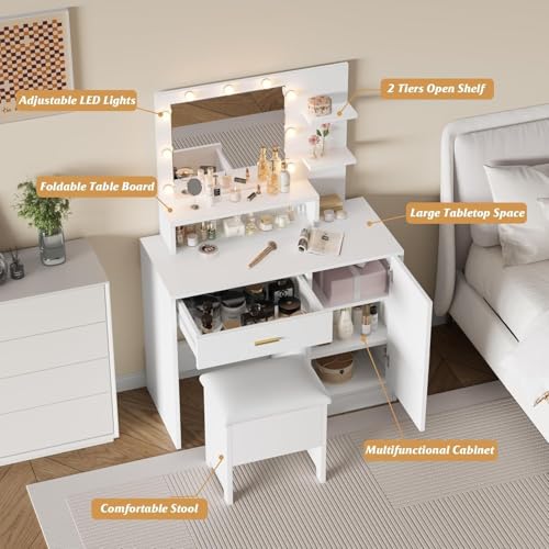 Garvee Vanity Desk with Mirror and Light Bulbs, Makeup Table with Open Shelves and Drawers, Dressing Table Set with Upholstered Stool and Cabinet for Women, Bedroom, Dressing Room, White