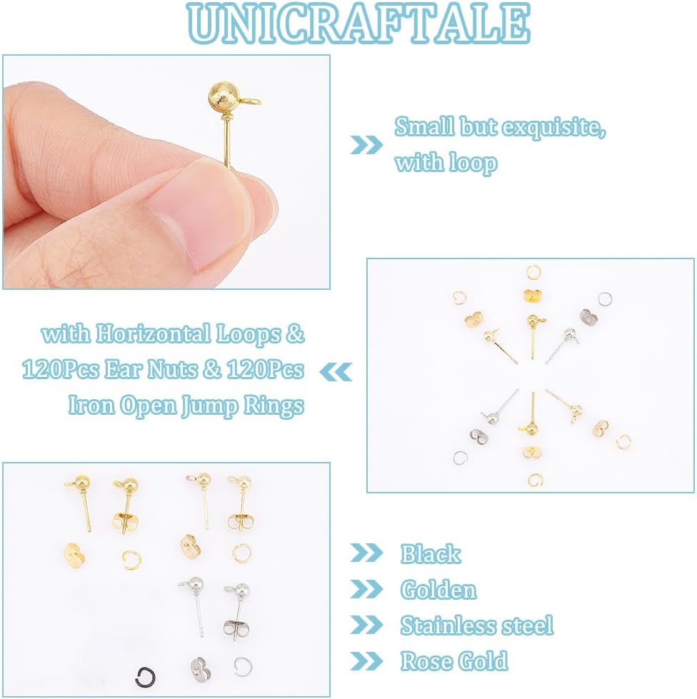 UNICRAFTALE 120Pcs 4 Colors Ball Post Stud Earrings with Loops with 120Pcs Open Jump Rings Iron Stud Earring with Earring Backs Hypoallergenic Mixed Color Stud Earrings Findings for DIY Earring Making
