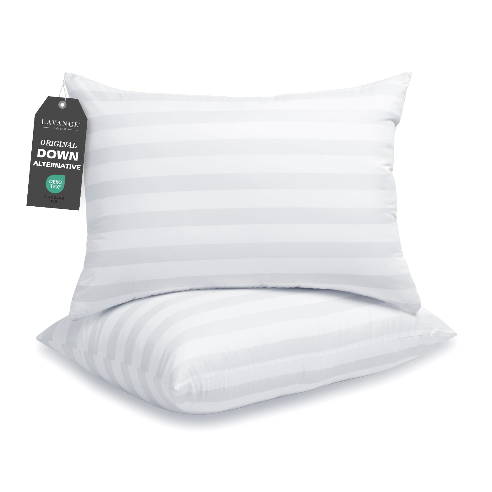 LAVANCE Pillows Queen Size Set of 2 Hotel Collection Pillows 3D Down Alternative Fiber Filling Soft Bed Pillows for Back, Stomach or Side Sleepers-1.2" White Striped, 20"x28"