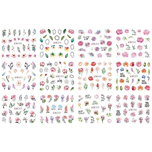 Spring Floral Nail Stickers Mix Flowers Leaf Butterfly Water Decals Sliders With Geometric Lines Floret Elegant Nail Art Design Manicure Decoration Summer Nail Art Supplies 12Pcs/Sheet #TOP6