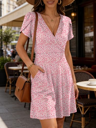 Image of ANRABESS Womens Summer Dresses Short Sleeve Wrap Deep V Neck A-Line Floral Dress Causal Flowy Boho Beach Vacation Sundress