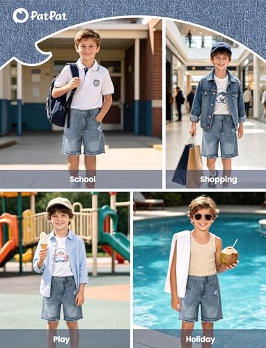PATPAT Boys Denim Shorts Ripped Holes Soft Elastic Band Jeans Shorts with Pockets Casual Mid Elastic Waist Baggy Jorts Light Blue, 5-6Y — view 2