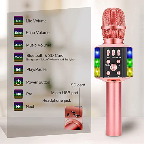 Bonaok Wireless Bluetooth Karaoke Microphone With Controllable Led Lights,4 In 1 Portable Karaoke Machine Mic Speaker For All Smartphones,Birthday Holiday Party Gifts For Kids & Adults(Q36 Rose Gold) #TOP5