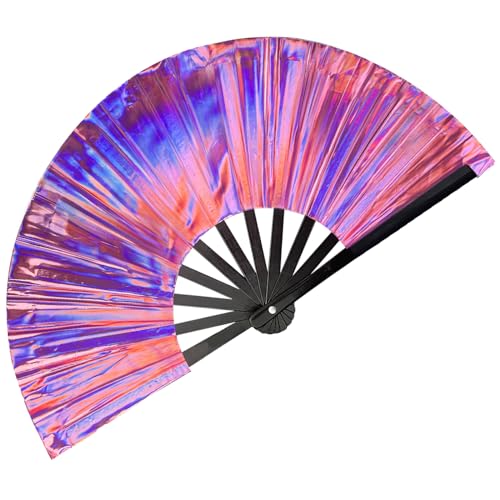 dmjuncong Abanico plegable de mano, ventilador de mano Clack, abanico holográfico de colores láser morado, para festivales, trajes de arcoíris, fiesta de discoteca, decoración del hogar y