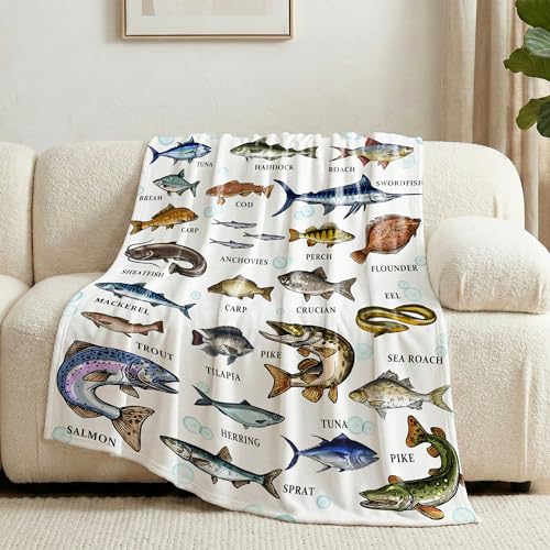 Types of Fish Flannel Fleece Throw Blanket Ultra Soft Fluffy Fuzzy Blanket for Living Room Bedroom Fishing Gifts for Dad Grandpa S 50x40 for Kids