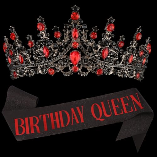 COCIDE Black Red Birthday Queen Sash for Women Happy Birthday Crowns Princess Tiaras Sashes for Girl Crystal Party Decorations Rhinestone Headband Supplies Decor