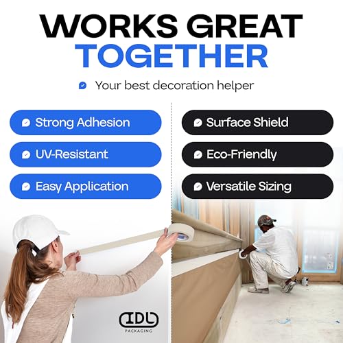 Image of IDL Packaging Masking Paper Set: 9 inch x 60 Yards Brown Masking Paper (2 Rolls) + 1.41 inch x 60 Yards White Tape (2 Rolls) - Masking Kit for Painting Projects and Home Improvements - Surface Protection
