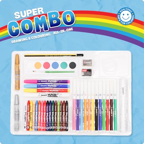 Image of Luxor Doodles Super Combo Art Set - Ignite Imagination with Diverse Crayons, Sketch Pens, Water Colors, Glitter, Glue, Eraser & Sharpener, Ultimate Creative Kit for Kids' Artistic Adventures
