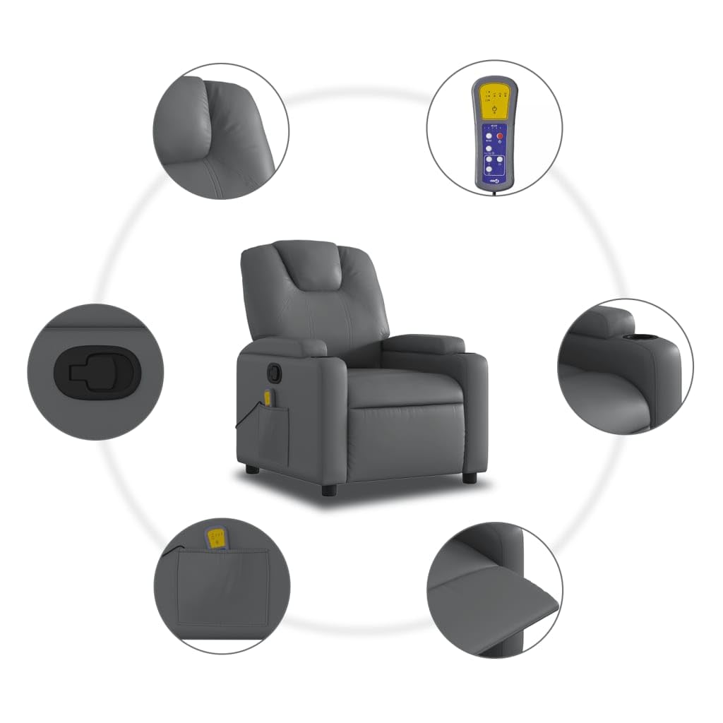 Festnight Sillón Masaje Reclinable Sillón Masaje Eléctrico Sillon Relax Reclinable Sillon Reclinable Manual Sillón Relax de Cuero Sintético, con Prácticos Portavasos y Bolsillo, Gris