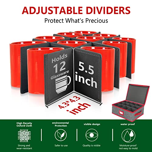 Veronly Mug Storage Box With Dividers, Stemware Storage Case Hard Shell Stackable For Up To 12 Glasses, Crystal Glassware Containers For Holidays (Grey And Red) #TOP2