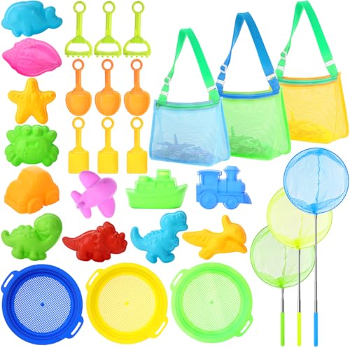 Realspring Juego de 3 juguetes de playa plegables de 18 piezas, incluye tamiz de arena, cubo plegable de malla, bolsa de playa, kits de herramientas retráctiles de molde de arena para actividades de