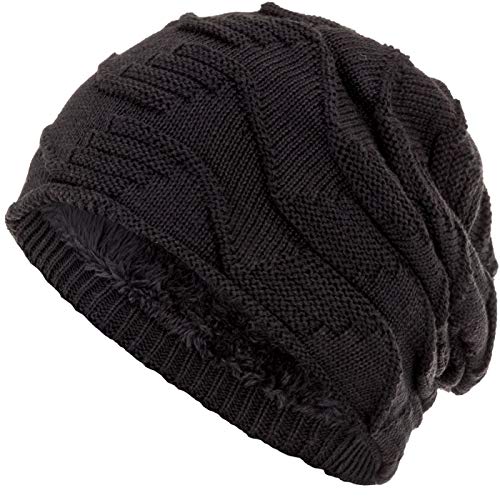 Compagno Mütze warm gefütterte Wintermütze elegantes Strickmuster Beanie Einheitsgröße, Farbe:Schwarz