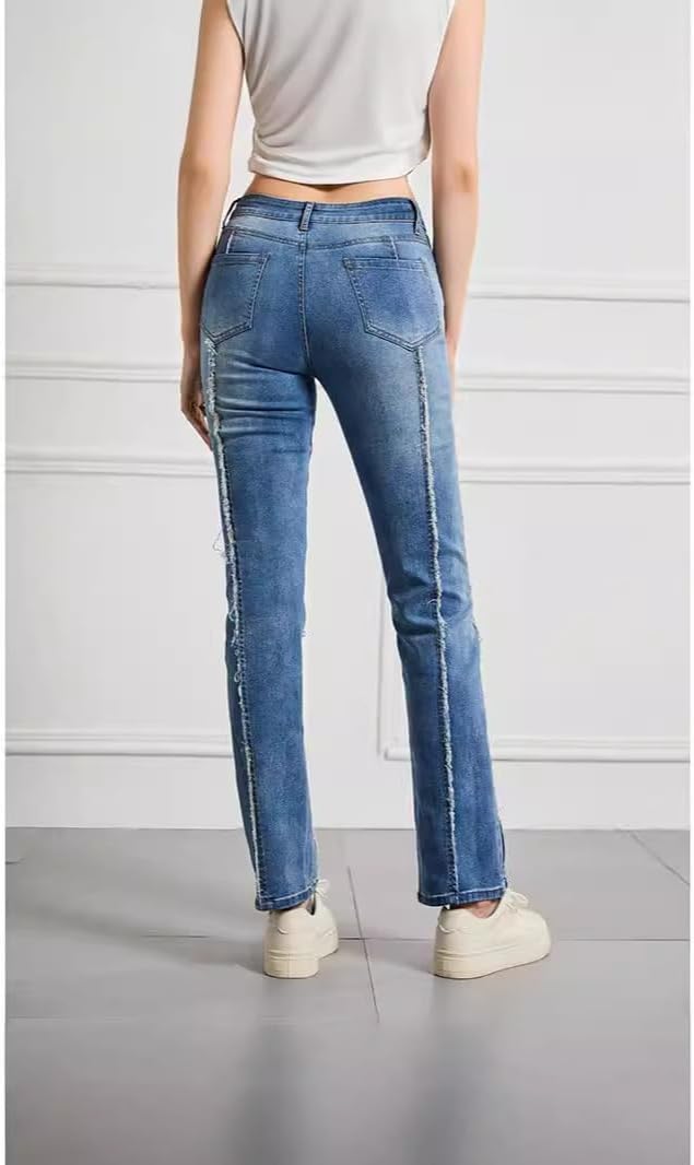 Womens Jeans Slim Waist Elastic European and American Trousers Large Size Womens bristled