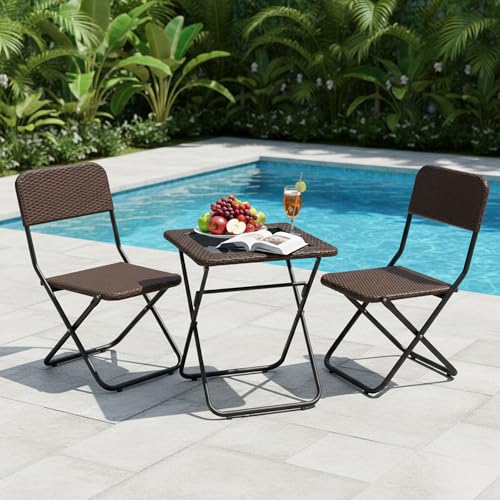 Image of DEVOKO Foldable 3-Piece Outdoor Patio Wicker Furniture Set with Glass Top Table, All-Weather HDPE Rattan, Rustproof Metal Frame for Garden, Balcony & Lawn (Dark Brown)
