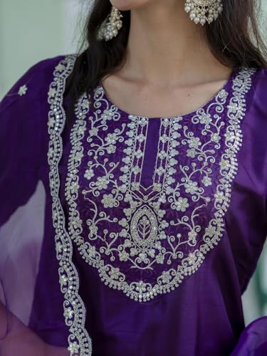 Image of VredeVogel Women's Silk Blend Embroidered Kurta with Pant & Dupatta Set