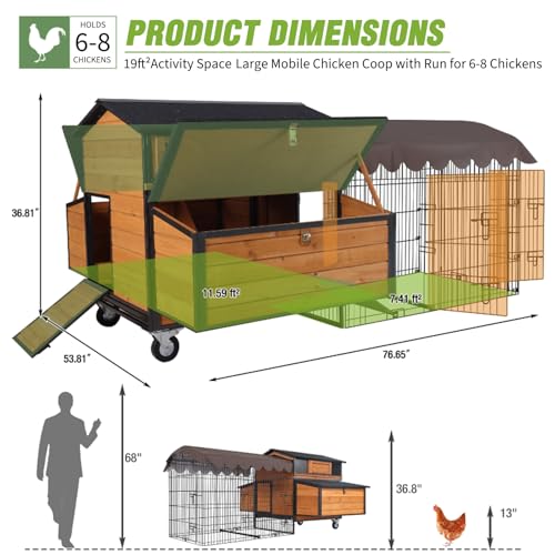 Image of Extra Large Mobile Chicken Coop with Run, Portable Chicken Tractor with Wheels, 76.7 inch L Hen House Poultry Cage with All-Around Iron Frame, Metal Sliding Tray, 6 Nesting Boxes for 6-8 Chickens
