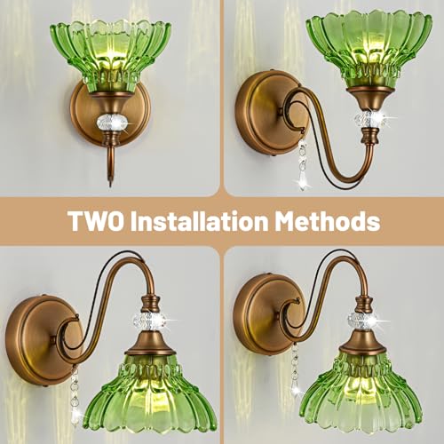 Image of 1 Piece Vintage Wall Sconce, 1-Light Matte Antique Brass Finish Wall Sconce with Hanging Crystal Accents and Flower-Shaped Green Shades for Bathroom Bedroom Living Room,Vintage Vanity Light