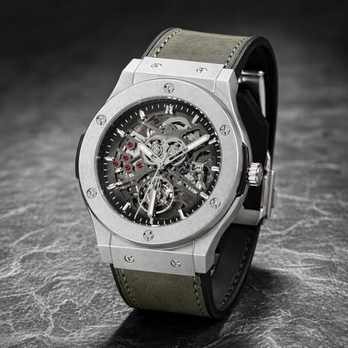 Image of Big Bang Skeleton Dial Luxury Chronograph Watch for Men with Green Strap, Premium Analog Wrist Watch, Stainless Steel Case, Mechanical Style Dial, Sports Inspired Classic Luxury Timepiece, Quartz Movement, Skeleton Display, Stylish Formal Casual Wear