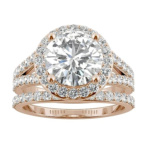 Charles & Colvard 14K Rose Gold Forever One Colorless 9mm Round Moissanite Split Shank Halo Bridal Set, 3.69cttw DEW
