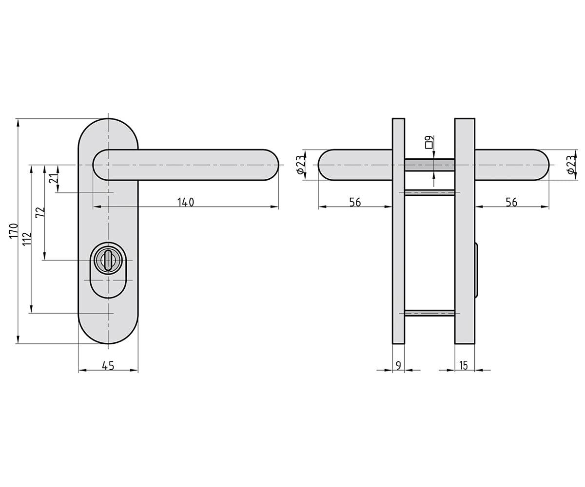 BASI Herraje para puerta de aluminio F1, para puertas interiores, grosor de la puerta 44-66 mm, cubierta de cilindro, juego de picaporte, placa corta redonda, herraje protector