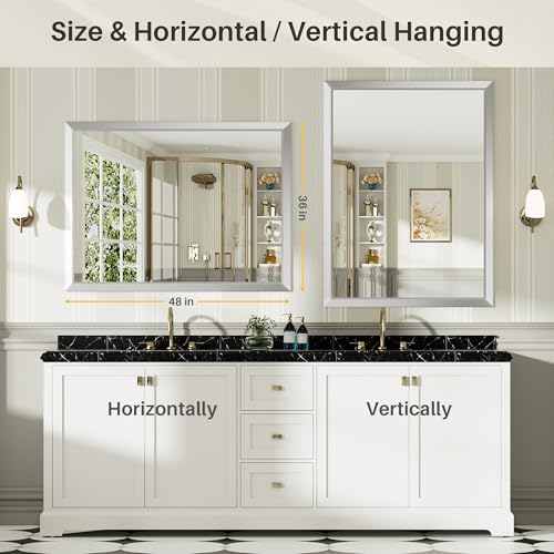 48x36 Inch Silver Bathroom Mirror for Wall, Thick Metal Framed Rectangle Mirrors for Over Sink, Bedroom, Living Room, Entryway, Anti-Rust, HD Tempered Glass