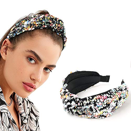 Morebrave Knot Headbands Sequin Wide Turban Sparkling Hairband Vintage Head wrap Headdress Wide Hair Hoop for Women and Girls