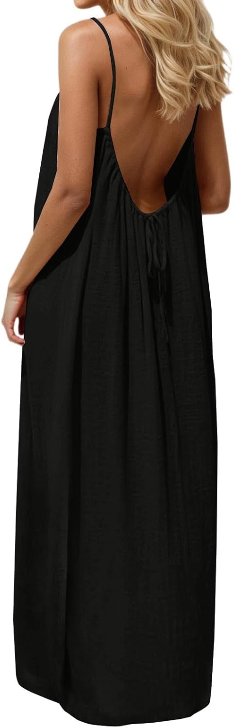 Backless Cami Dress for Women Summer Sleeveless Spaghetti Strap Beach Vacation Flowy Long Sundress with Back Tie 2026