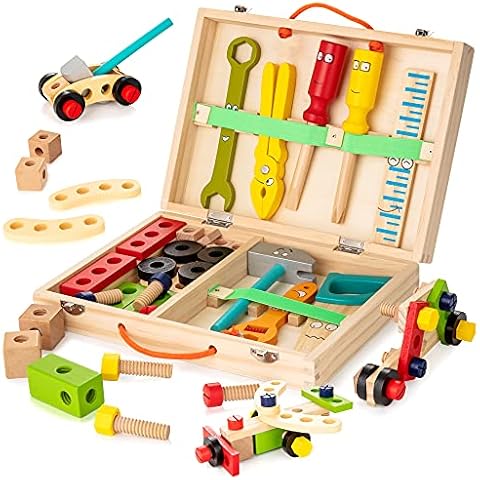 KIDWILL Tool Kit for Kids, Wooden Tool Box with Colorful Wooden Tools, Building Toy Set Creative DIY Educational Construction Toy, for Toddlers 3 Year Old and Up Cover