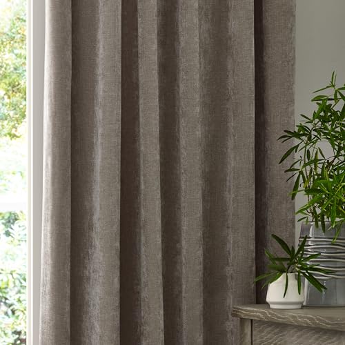 furn. Yard Heavy Chenille Pencil Pleat Curtain Pair – Lined Room Darkening Soft Velvet Curtains (Greige - Width 168 x Drop 229cm) - Image 3