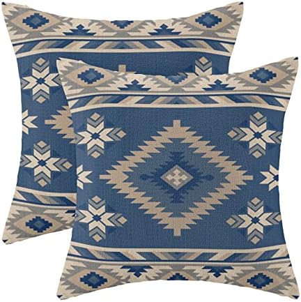 CXMEIFLY Boho Aztec Pillow Covers 18 x 18 Inch Set of 2 Western Native American Blue Beige Geometry Decor Throw Pillows Southwestern Outdoor Decorative Cushion Cases for Couch Bed Decorations