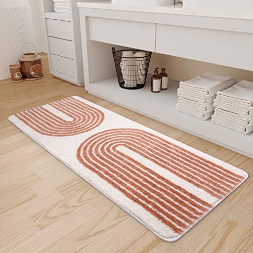 Uphome Boho Bathroom Runner Rug White And Pink Rainbow Non-Slip Long Bathroom Rugs Soft Shaggy Absorbent Cute Bath Mats Washable Modern Microfiber Floor Mats For Tub Shower Kids Room, 18X47 Inch #TOP5