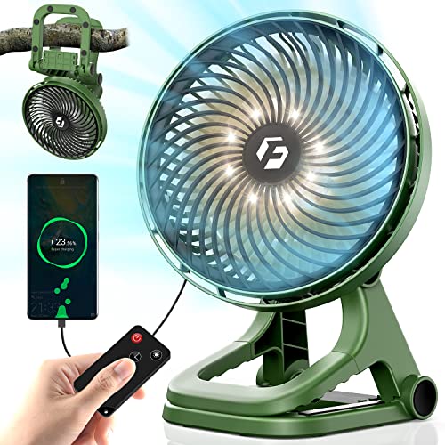 Image of Portable Camping Fan - 12000mAh 8-inch Clip on Fan with Colossal Clamp - Rechargeable Fan with LED & Remote - Golf Cart Fan for Outdoor, Travel, Workshop, Hurricane Emergency (Green)