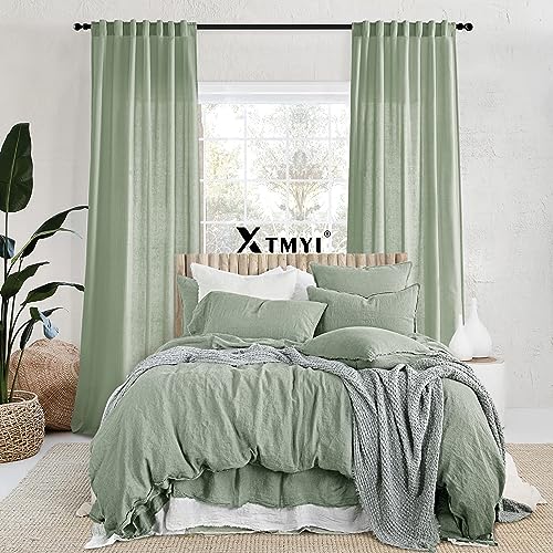 Image of XTMYI Sage Green Back Tab /Hook Belt Linen Cotton Sheer Curtains 45 Inch Length for Bathroom Bedroom 2 Panels Set