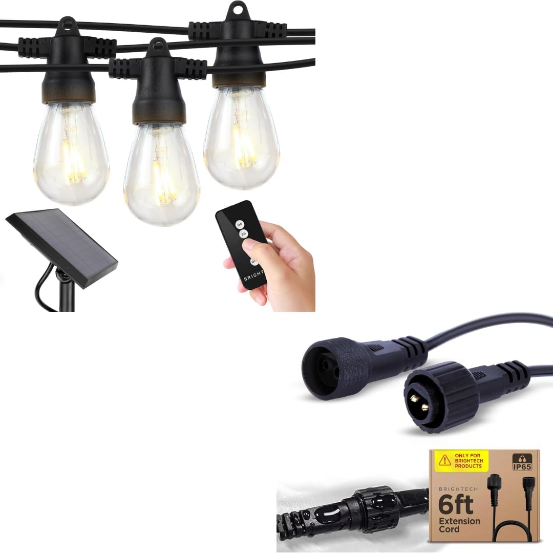 Brightech Bundle String Lights + 6Ft Extension Cord, Ambience Pro – Solar Power Remote Control Outdoor String Lights with Edison Bulbs – 12 Shatterproof, Commercial Grade LED Waterproof Patio Christm