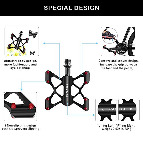 Malllala Mountain Bike Pedals,9/16" 3 Sealed Bearing Aluminum Alloy Bicycle Pedals, Bicycle Flat Pedals For Bmx Bike,Road Bike, Butterfly Shape Design,16 Hexagonal Non-Slip Studs #TOP3